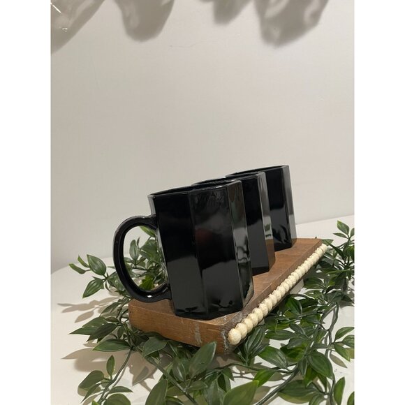 3 Mid Century Style Black Glass Octagon Coffee Mugs Cups ARCOROC France OCTIME - Picture 4 of 14